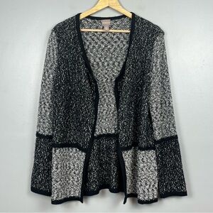 Chico’s cotton blend gray & black marled knit open front cardigan, medium.